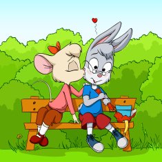Little mouse female kissing shy rabbit boy