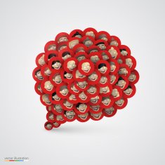 Red speech bubble made of smiling faces