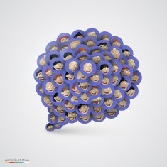 Blue speech bubble made of smiling faces