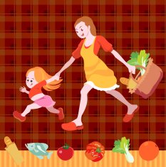 mother and daughter shopping for groceries on seamless background