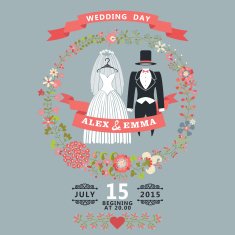 Cute wedding invitation with retro wear floral wreath