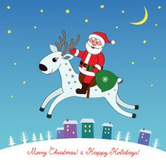 Cheerful Santa Claus riding a reindeer over the city
