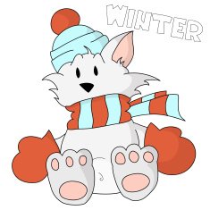 Cute cartoon little cat kid sitting braided in big scarf