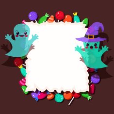 Colorful candies and cute Halloween ghosts with frame