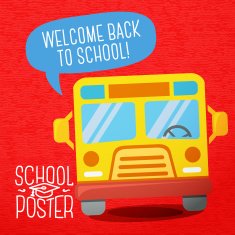 Cute school college university poster - school bus with speech bubble