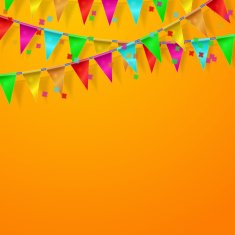 festival carnival celebration orange background with flags and confetti