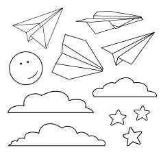 Vector set with isolated paper planes stars moon clouds