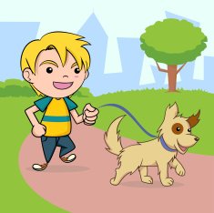 Kid walking dog in park vector illustration