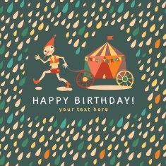 Childrens birthday card Dark background with multi-colored drops