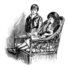 Little Victorian girl reading while her brother watches