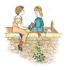 Nineteenth century children sitting on a wall