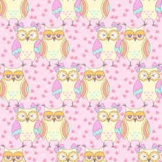 Seamless pattern with owls in love on a pink background N3