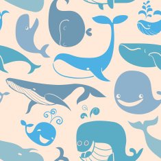Cute doodle Blue Whales Marine seamless background