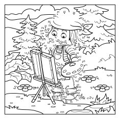 Numbers vector game Girl artist draws on nature open air