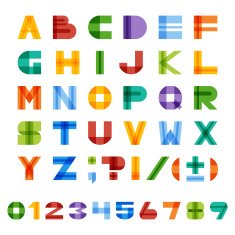 Geometric colorful english alphabet and numbers