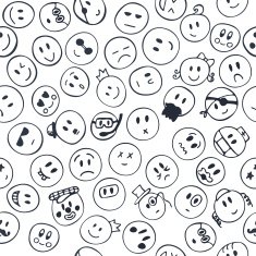 Seamless pattern with cheerful and happy smiley faces Sketch em