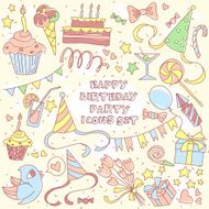 Happy birthday party set with hand drawn icons and lettering