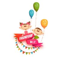 Red ribbon with Friendship Day title children balloons and flags