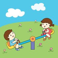 cute boy and girl playing seesaw board vector