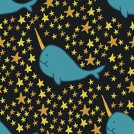 Happy Magic unicorn-fish in the night sky seamless vector pattern