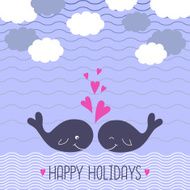 Summer illustration with cute cartoon whales in love