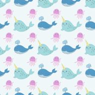 seamless pattern with cartoon jellyfish whale and narwhal