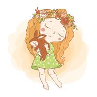 Little hippie girl with flowers and rabbit