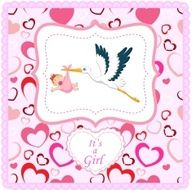 Cartoon stork with baby girl card N5