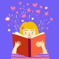 Girl reading a book cartoon illustration