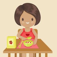Little girl is eating her breakfast Vector illustration