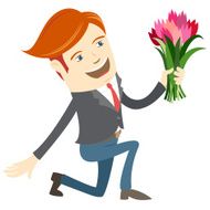 Hipster funny man kneeling holding flowers Flat style