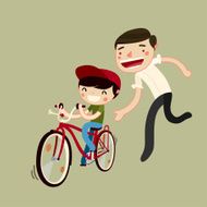 father teaches son to ride a bike