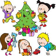 children playing with toys and christmas tree handing out gifts