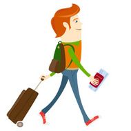 Hipster-traveler walking and holding passport ticket suitca