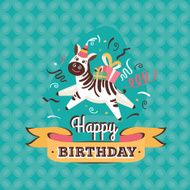 Vintage birthday greeting card with zebra vector illustration
