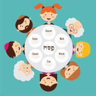 big family around passover plate pesah in hebrew happy holiday