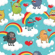 Cute monsters on clouds seamless texture