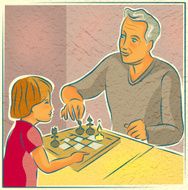 Elderly man playing chess with a young child