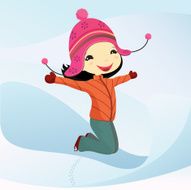 Happy girl jumping over blue sky and snow background