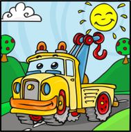 Cartoon Tow Truck Character with Hills Background