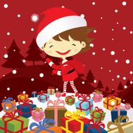 cute girl santa sending gifts in snowing christmas