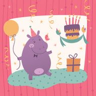 Birthday greeting card with cute hippo