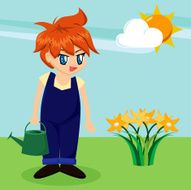 Cute Cartoon Boy in Garden (vector)