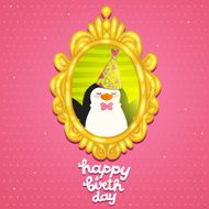 Happy Birthday card background with cute penguin N2
