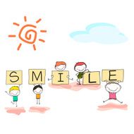 hand drawing cartoon happy kids and positive words &quot;smile&quot;