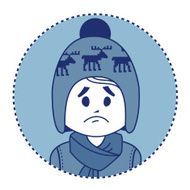 Character sad boy in winter hat and scarf