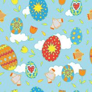 Seamless pattern easter eggs birds on blue sky in spring