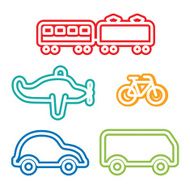 Icon Set of Vehicles Train Airplane Bicycle Car and Bus