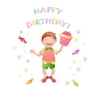 Happy birthday illustration with happy boy holding a gift box N2