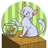 Cute cartoon cat looking at fish in a bowl